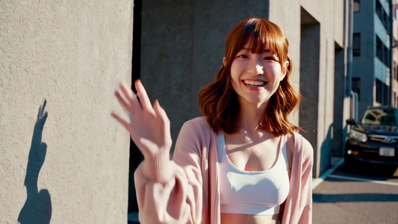 야외에서 미소 짓는 젊은 여성