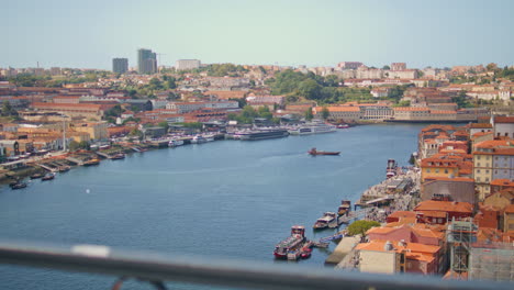 city panorama river landscape. blue sky over modern town with red roofs houses