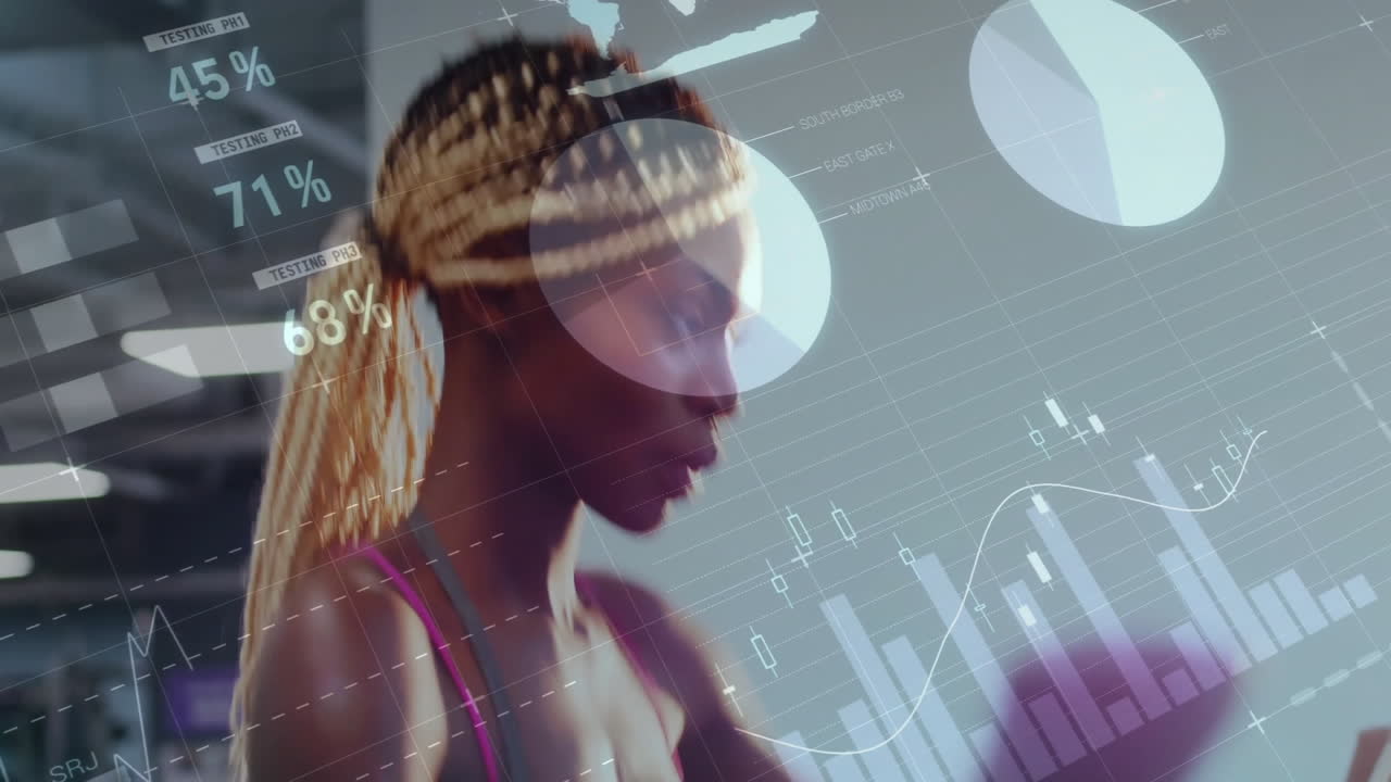 hacer ejercicio en la cinta de correr, mujer con gráficos y porcentajes animación superposición