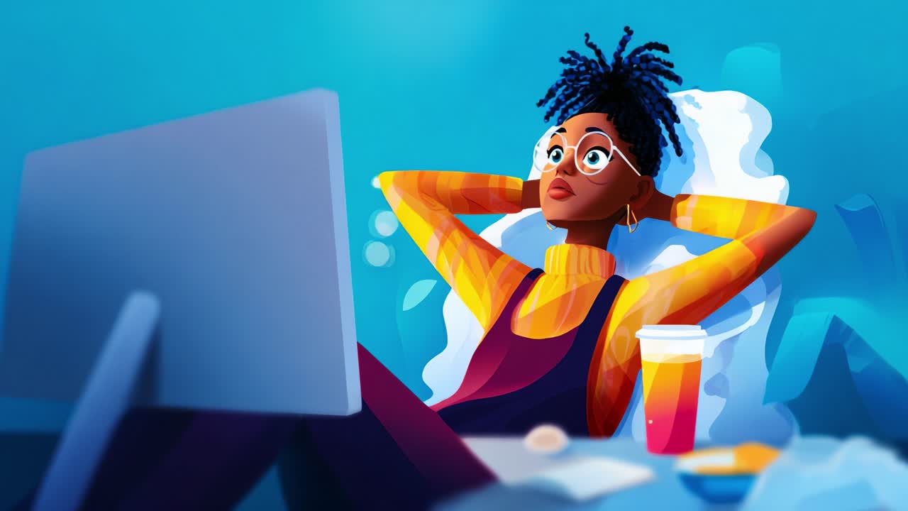 Uma pessoa relaxada aproveitando um momento de tranquilidade enquanto observa a tela de um computador, imersa em um ambiente criativo repleto de cores vibrantes e texturas suaves em uma ilustração digital