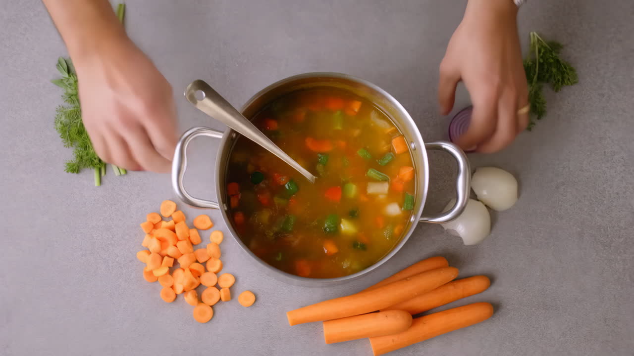 Overhead View of Hands Stirring Vegetable Soup with Fresh Ingredients