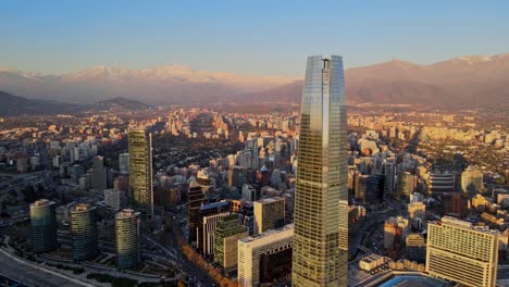 Toma-aerea-del-Costanera-Center-de-Santiago-de-Chile-en-atardecer