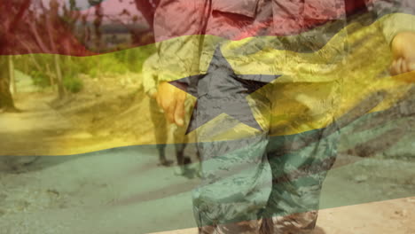 animation of flag of ghana over diverse male soldiers walking