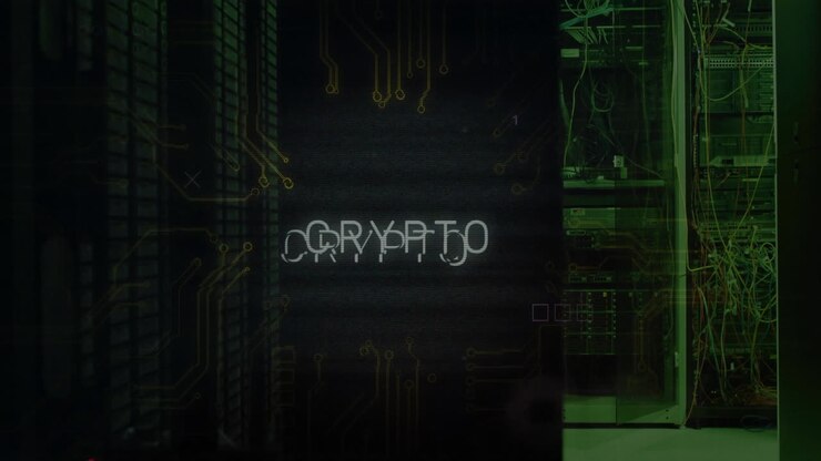 Animating crypto text over green-lit server room