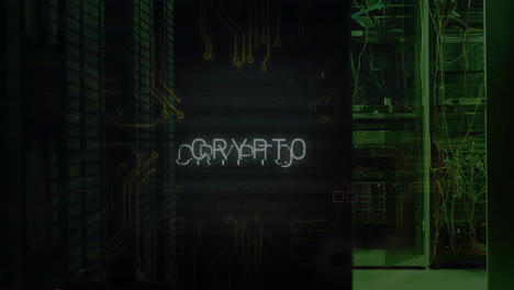 texto criptográfico animado en la sala del servidor iluminada en verde