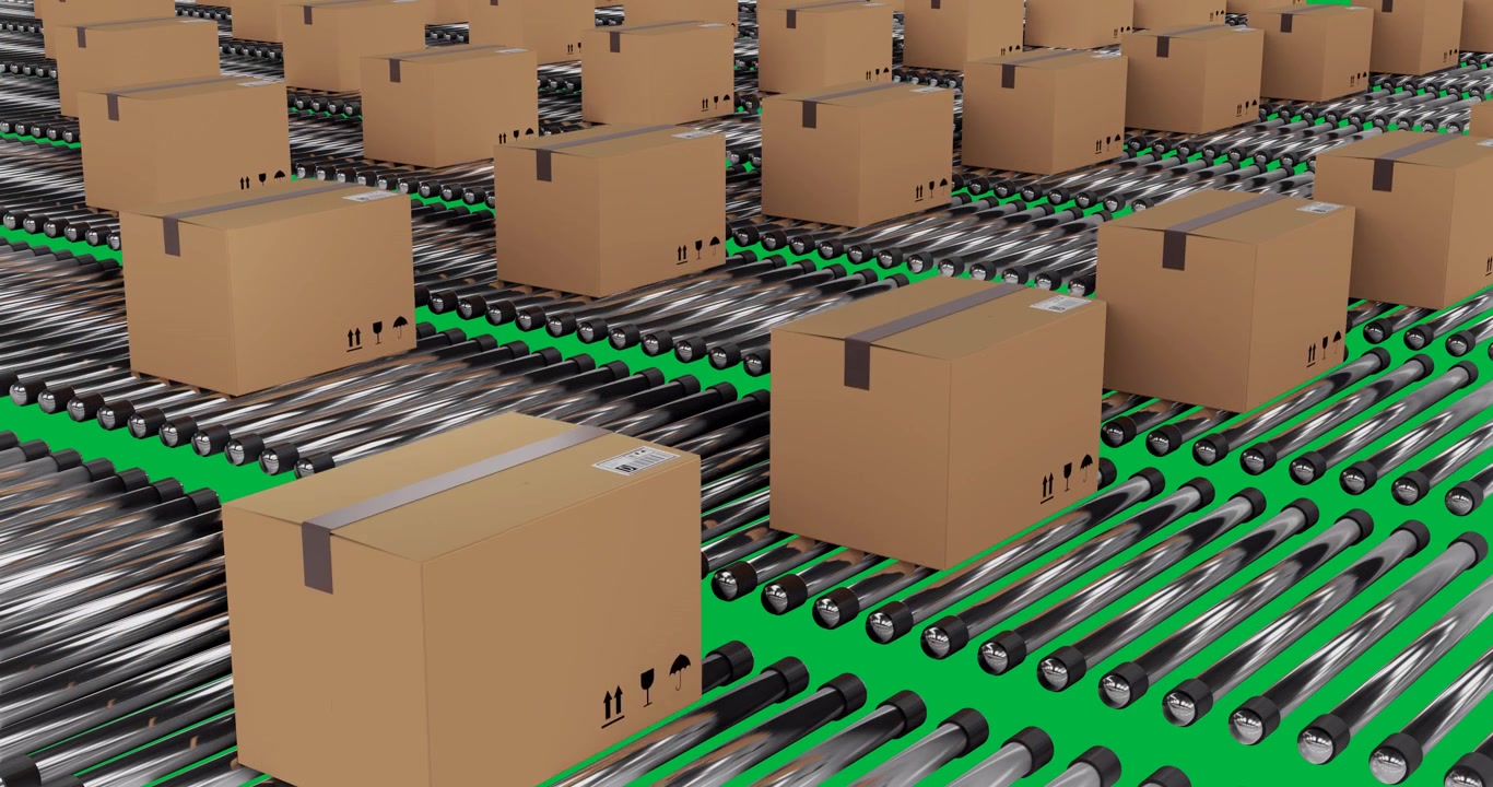 Animation of multiple cardboard boxes moving on conveyor belts
