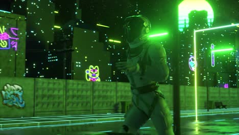 astronaut running through a neon-lit cyberpunk city at night