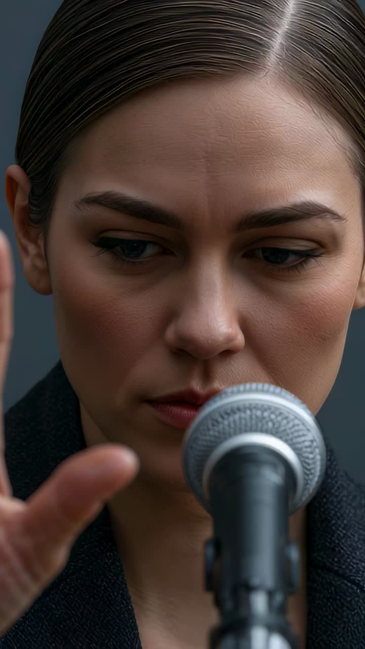 Vertical video: Preparing, speaker moving right hand by mic stand in studio, dark blazer gray wall