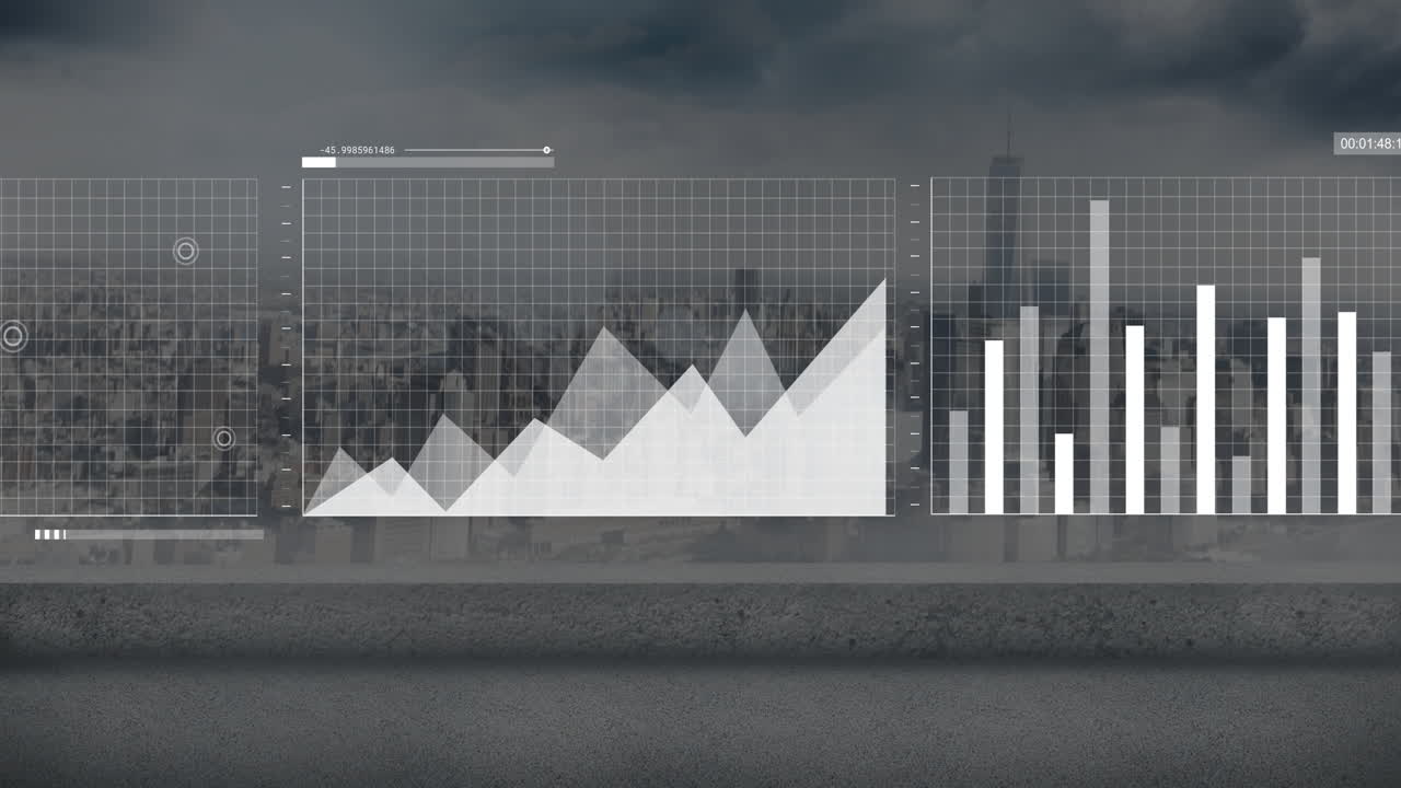 Graph and bar chart animation over cityscape background, illustrating data analysis