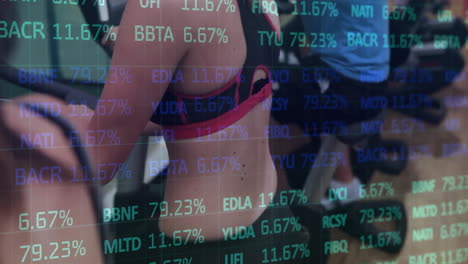 animación del procesamiento de datos financieros sobre diversas personas que hacen ejercicio en el gimnasio