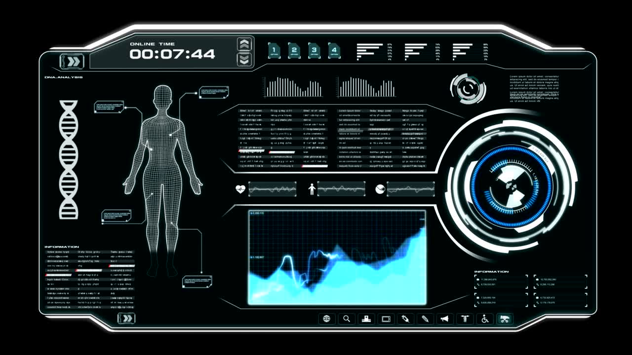 보디 스캔 데이터와 함께 4k 애니메이션 ui, hud pi bar 텍스트 박스, 테이블 및 요소, 어두운 추상적인 배경, 미래 기술 개념