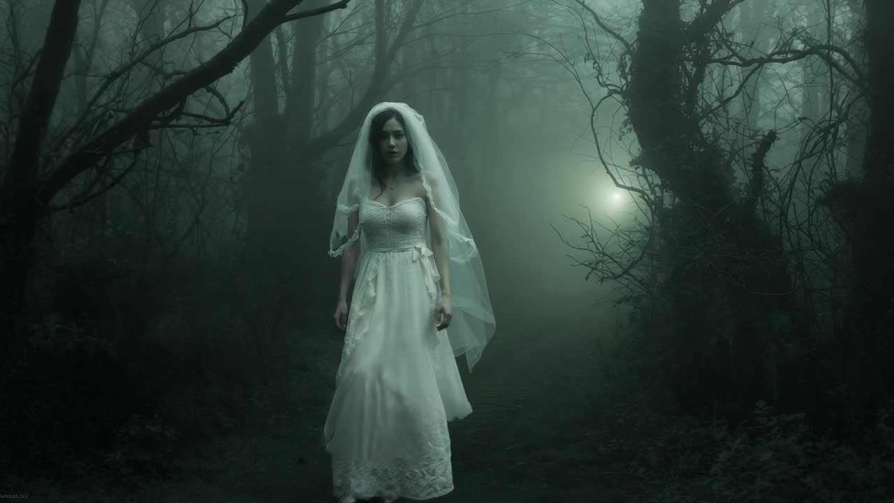 Bride in wedding gown entering frame, walking along misty forest path, camera tracking, orb pulsing