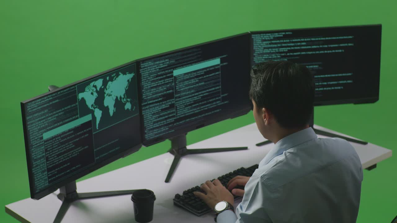Side View Of Tired Asian Man Developer Yawning While Write Code With Multiple Computer Screens In Green Screen Studio