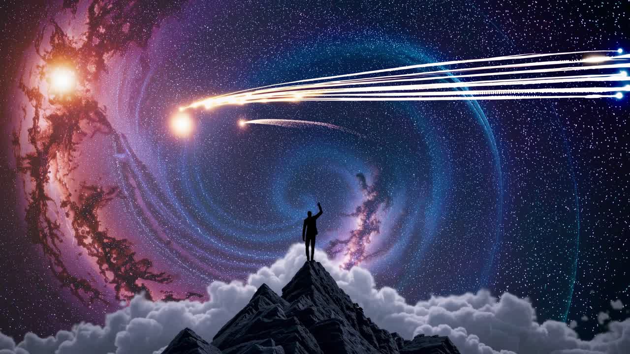 Un concept video surreale con una visuale dal basso di una figura in silhouette su una vetta