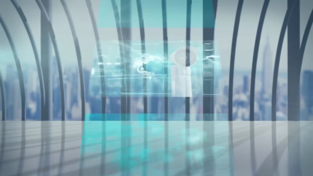 현대적인 건물과 도시 풍경 위의 화면에서 데이터 처리의 애니메이션