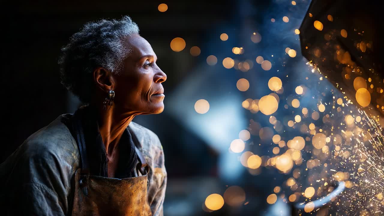 An artisan deep in thought as sparks fly during the crafting process, showcasing the beauty and intensity of metal work, with an emphasis on hands-on skill and artistry