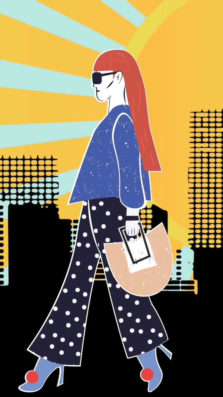 Animazione di disegno di moda di modella in città su sfondo giallo