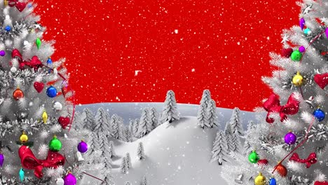 Animation-of-winter-scenery-with-fir-trees-on-red-background