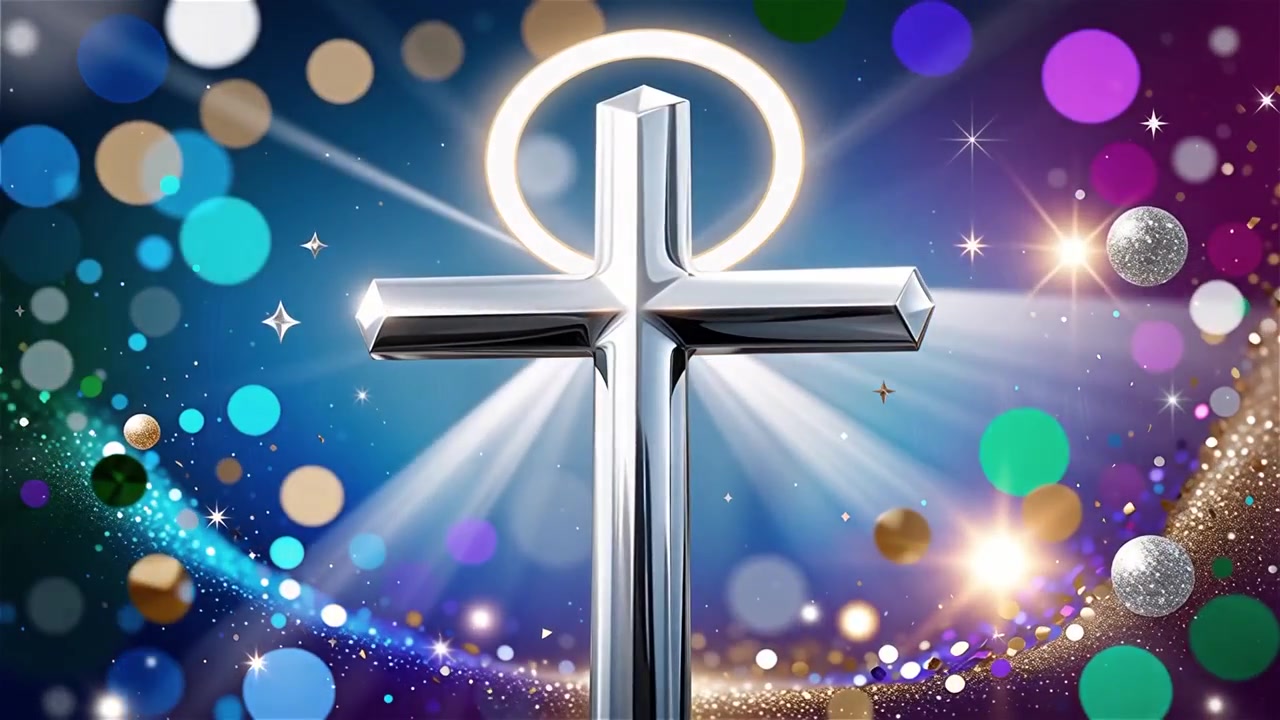 Christliches Kreuz, himmlisches Licht, Anbetungshintergrund.