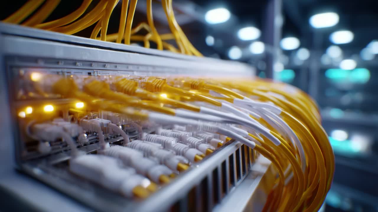 A Close-Up View of Network Switches with Illuminated Ethernet Cables, Showcasing Advanced Connectivity in Data Centers and Network Infrastructure Design