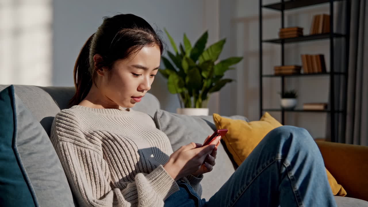 mujer usando un teléfono inteligente en un sofá