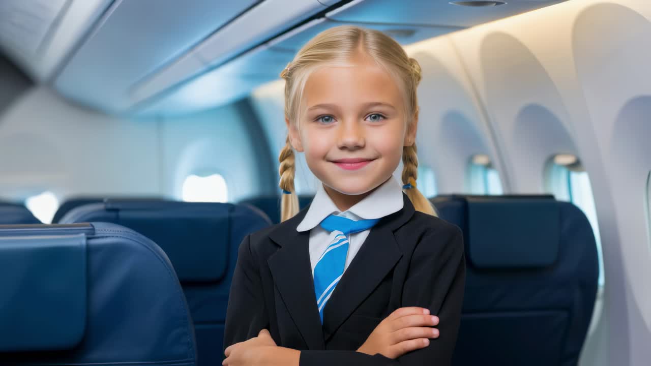 Little girl in a uniform, smiling brightly while sitting in a passenger airplane, relishing the excitement of her flight experience and the joy of air travel
