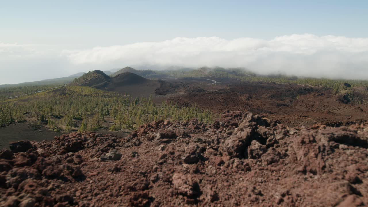 timelapse con nubes en rápido movimiento, paisaje rocoso volcánico y bosque de pinos, parque nacional del teide en tenerife, islas canarias