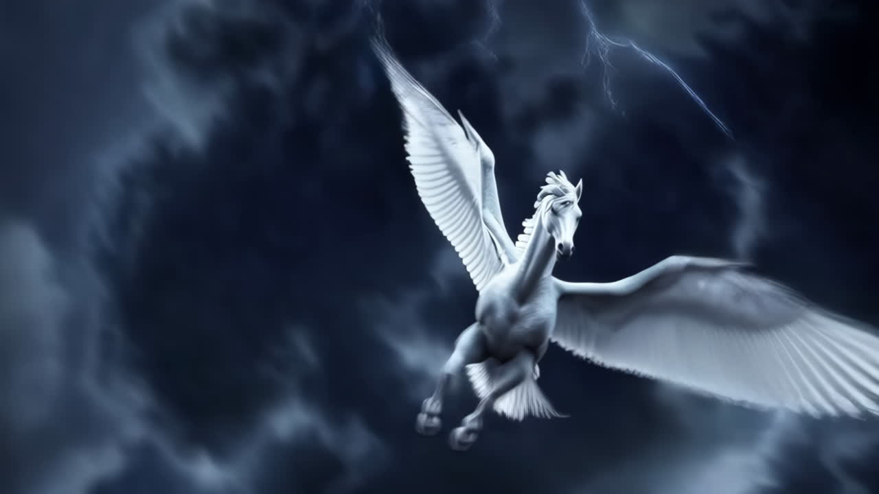 A majestic Pegasus soars through a stormy sky.