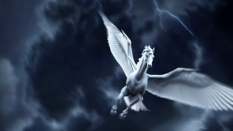 a majestic pegasus soars through a stormy sky.
