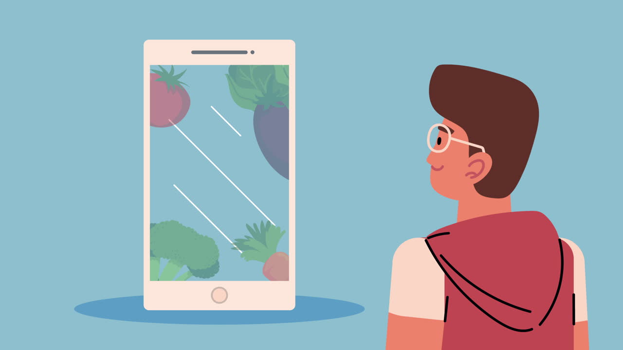 사람과 스마트폰으로 건강한 식단 계획 애니메이션