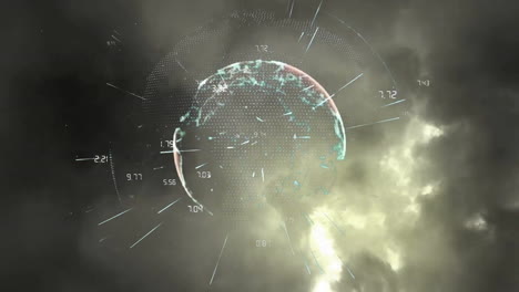 animation of data processing and globe over storm clouds