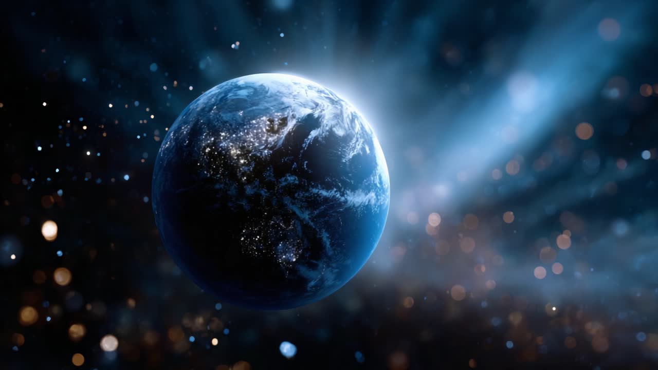A Stunning View of Earth Surrounded by Cosmic Background and Beautiful Light Rays, Capturing the Splendor of Our Planet in a Darkened Universe
