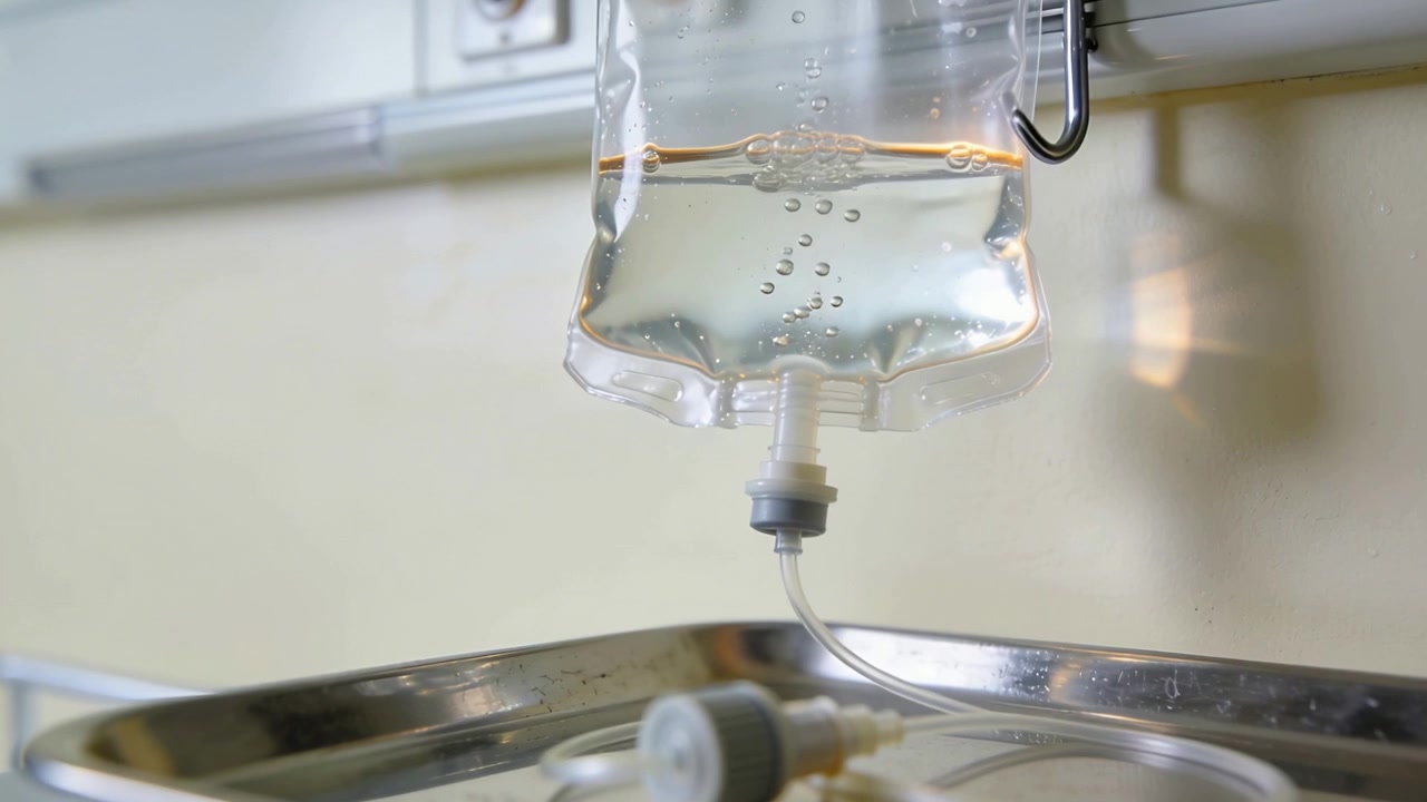 Formazione di microbolle, sacca per flebo trasparente appesa a un gancio metallico accanto al letto, che invia goccioline nel tubicino