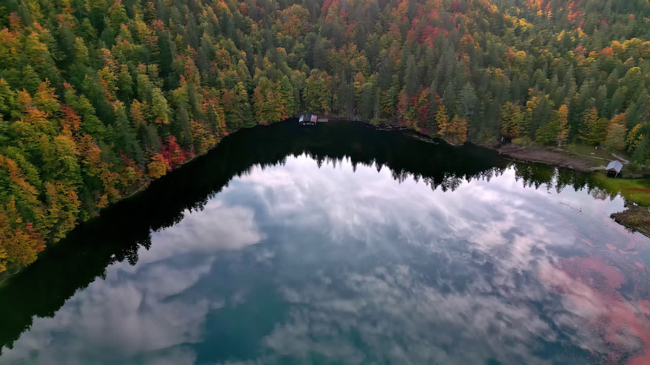 Veduta aerea da drone che sorvola un lago in Austria per rivelare una foresta e montagne lontane e un altro lago distante