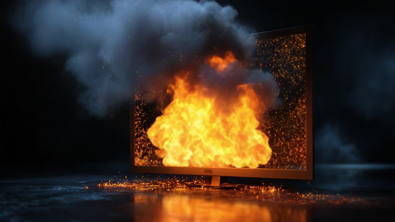 Et elektrificerende og dynamisk billede af et fjernsyn fanget i en flammende eksplosion, omgivet af hvirvlende røg og spredte gnister, der repræsenterer kaos og ødelæggelse.