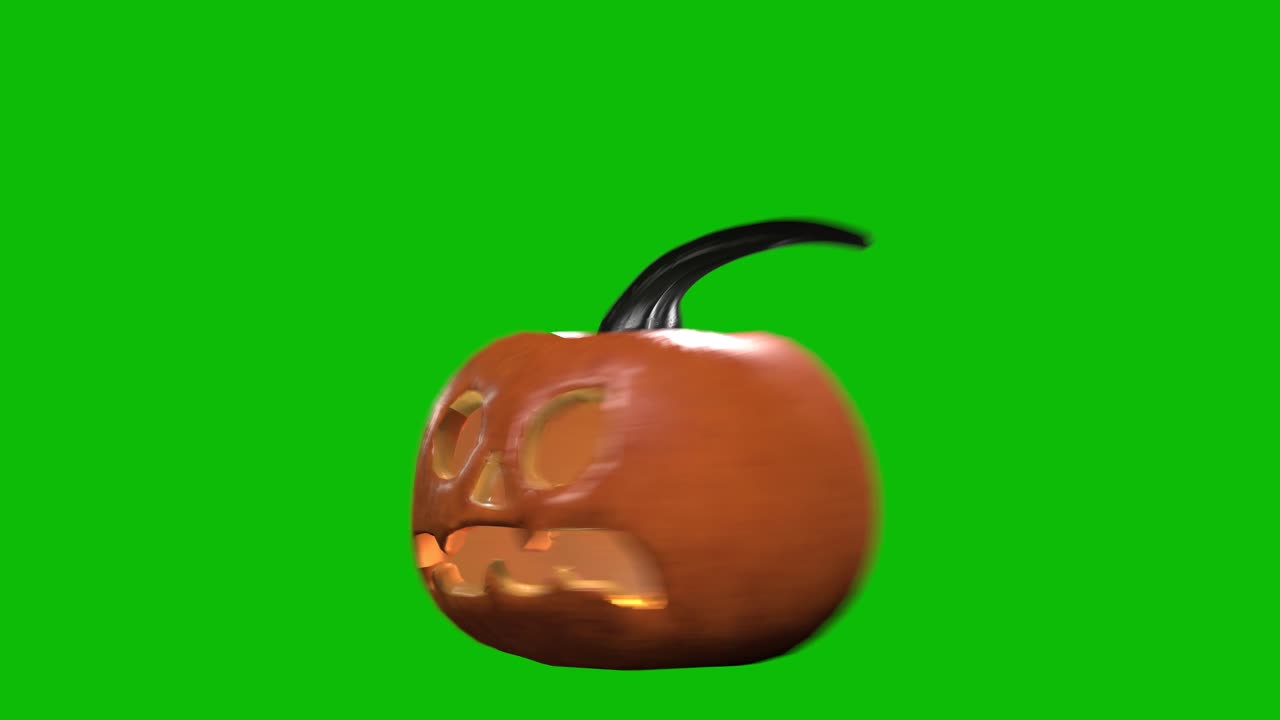 3D animation of a glowing jack-o'-lantern pumpkin 02 with candlelight inside, spinning, scaling up and down on a green screen. Perfect for Halloween intros, spooky videos, and holiday promos