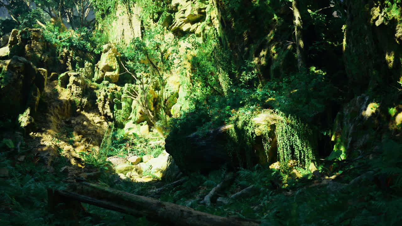 Lush green forest landscape with sunlit foliage and rocky formations