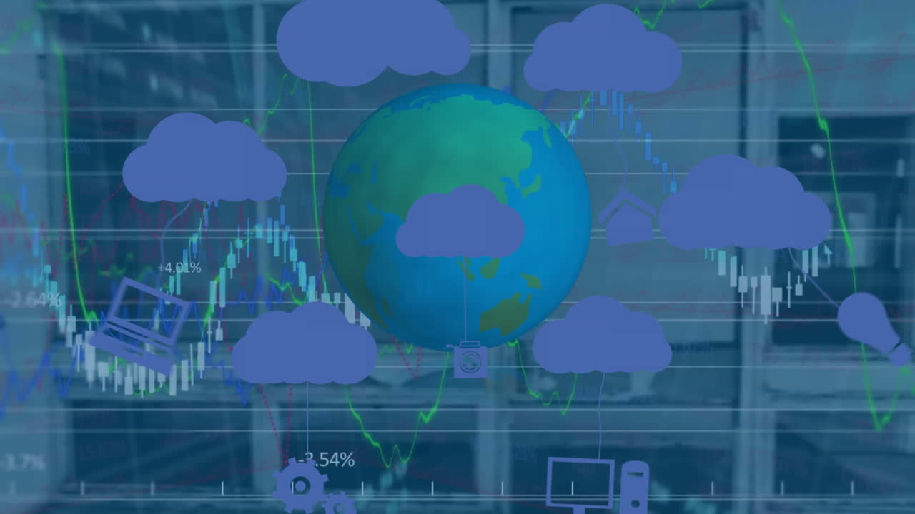 Animation of clouds with icons, globe and financial data processing over empty office