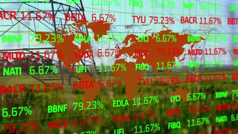 animation of stock market data processing over world map against network towers on grassland