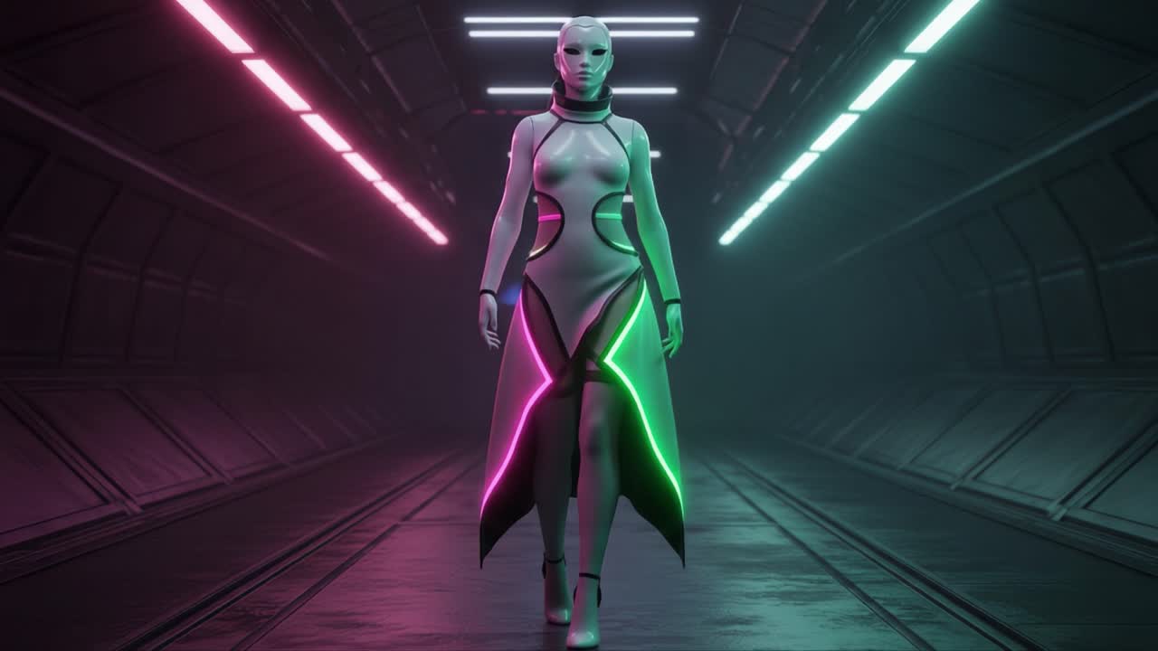 A futuristic humanoid figure strides confidently through a neon-lit corridor, showcasing a blend of technology and style in a visually captivating sci-fi setting
