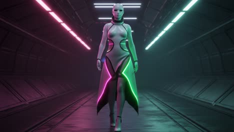 a futuristic humanoid figure strides confidently through a neon-lit corridor, showcasing a blend of technology and style in a visually captivating sci-fi setting