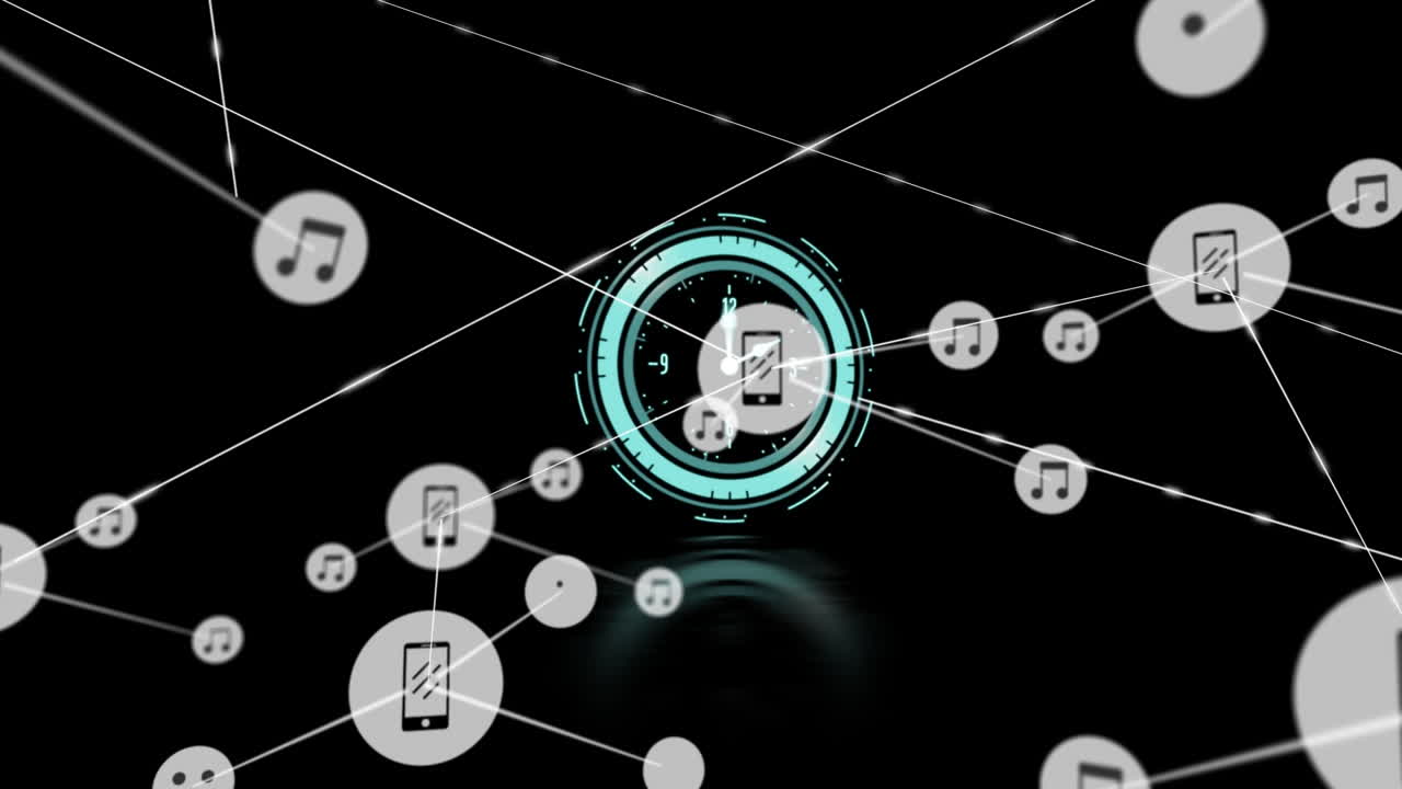 animação de uma rede de ícones digitais sobre um relógio de néon contra um fundo preto