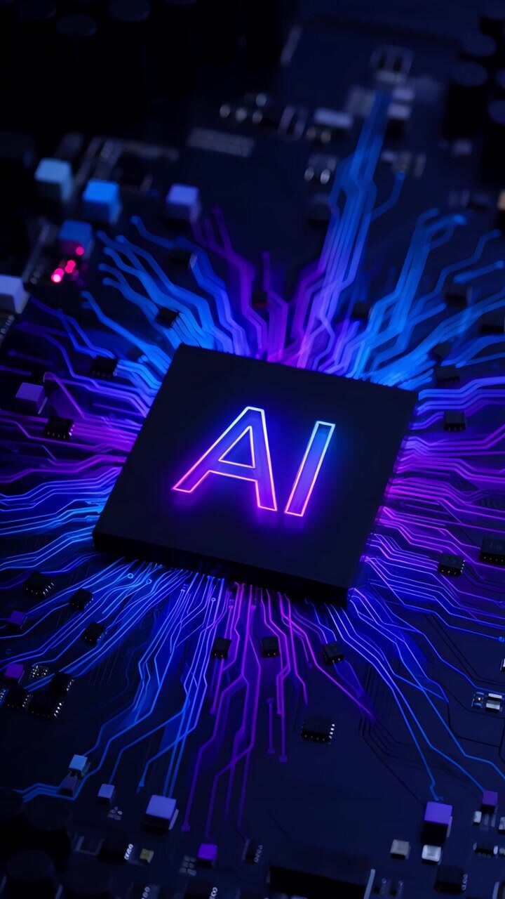 Sfondo Tecnologico Futuristico con Scheda Madre e Chip AI 4K