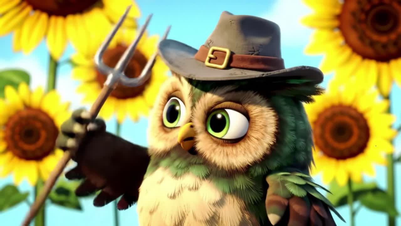 An adorable cartoon owl in a farmer's outfit, complete with a pitchfork, stands proudly amidst vibrant sunflowers, showcasing a fun and friendly agricultural theme.