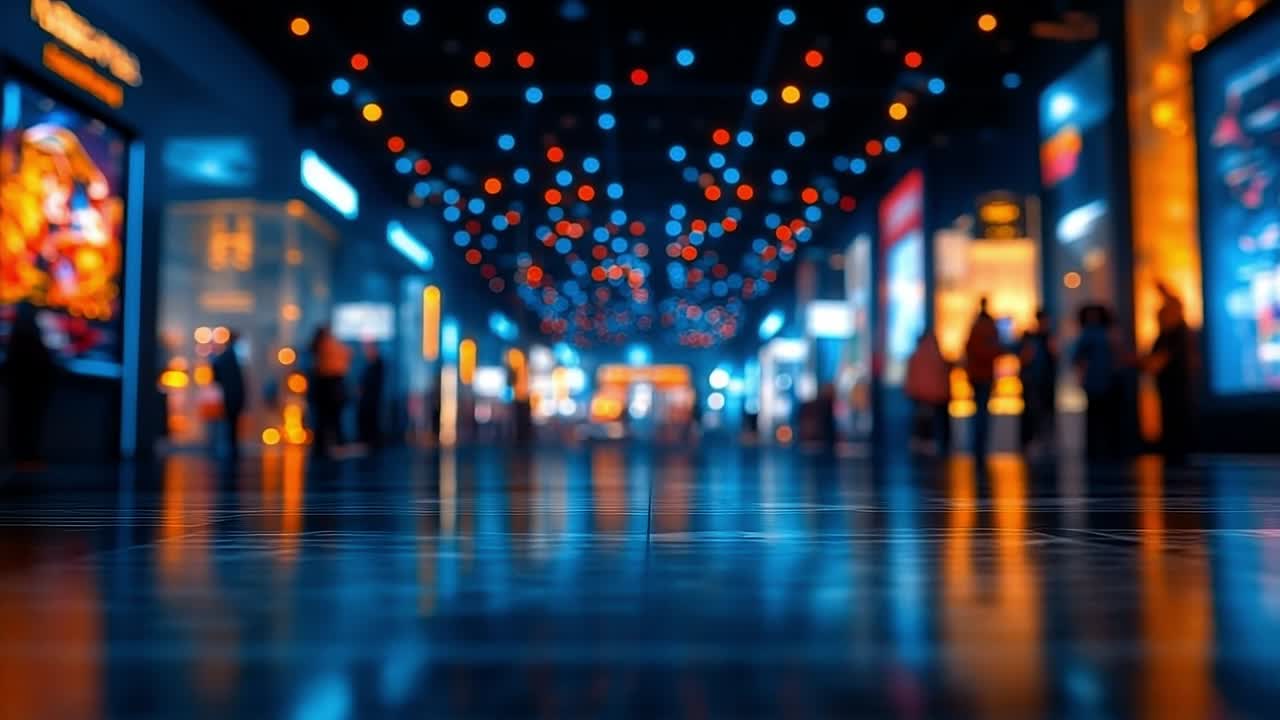 Lively shopping area with lights. Lively shopping center bursting with colorful decor and a bustling crowd enjoying the evening vibe.