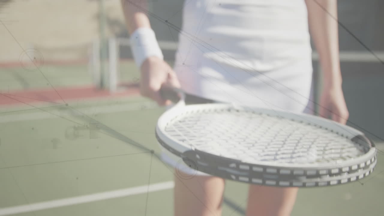 Female player balancing tennis ball on racket at outdoor court, with animated health charts