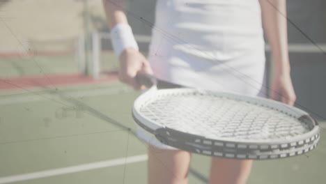 female player balancing tennis ball on racket at outdoor court, with animated health charts