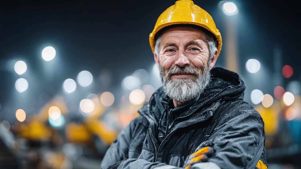Confident Construction Worker in Rainy Night Setting: A Portrait of Resilience and Determination Amidst Urban Construction Buzz