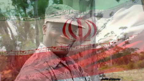 animación de un soldado con una bandera iraní ondeando
