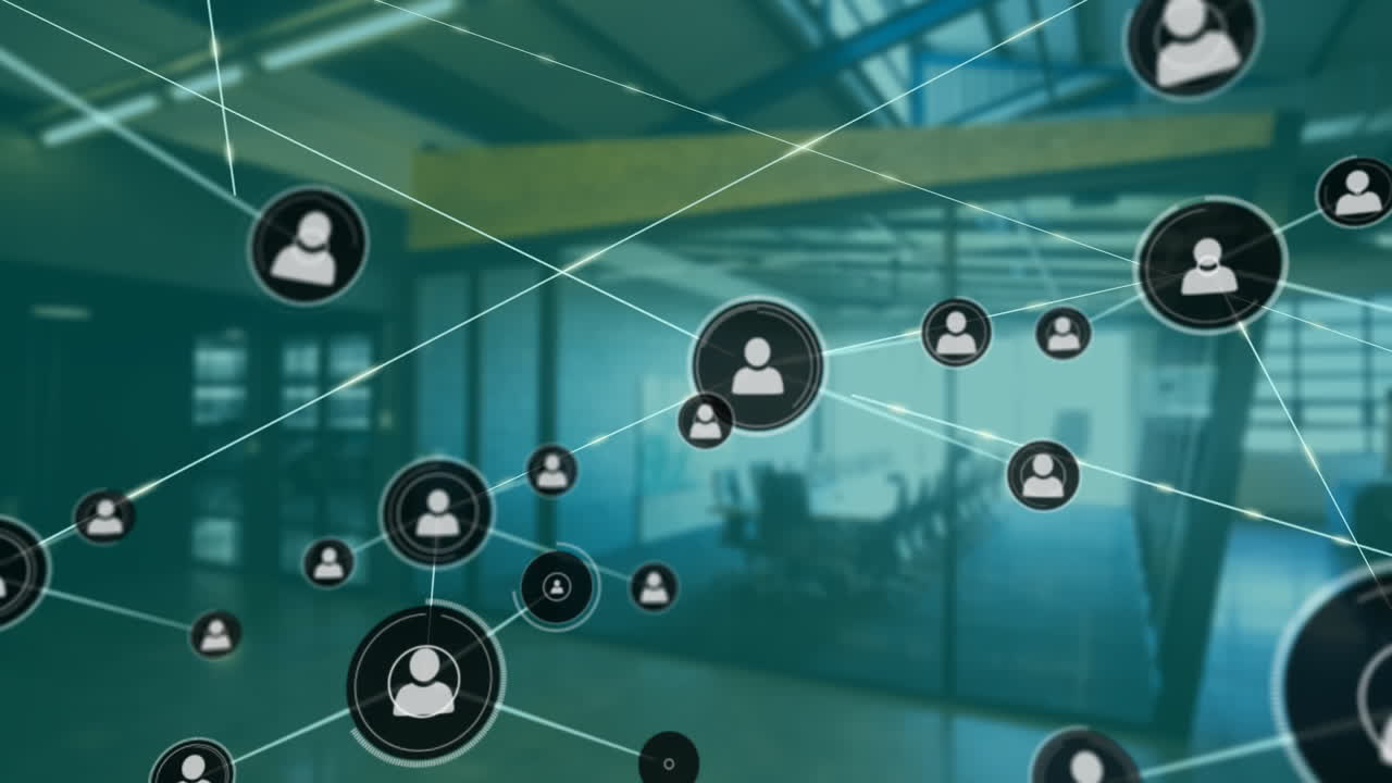 animación de la red de conexiones e íconos de usuario en el fondo de la oficina moderna